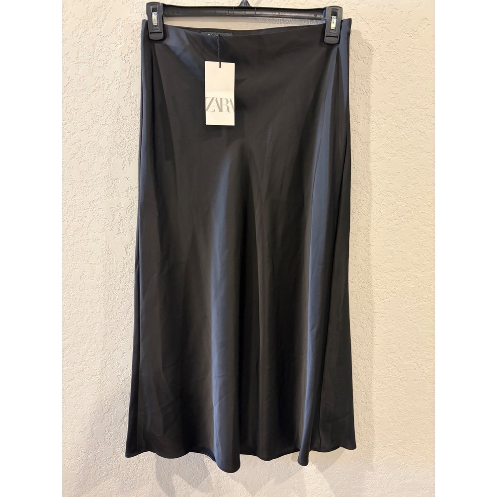 Zara Black Satin Midi Skirt High Waisted Size Medium NWT